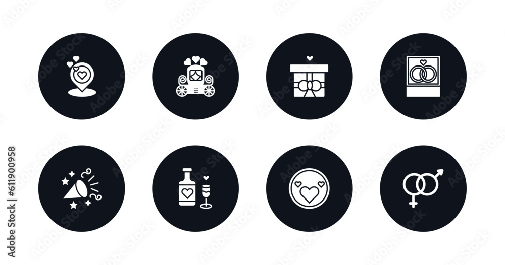 symbol for mobile filled icons set. filled icons such as wedding location, wedding carriage, wedding gift, photo, party horn, wine, love plate, genders vector. symbol for mobile filled icons set. filled icons such as wedding location, wedding carriage, wedding gift, photo, party horn, wine, love plate, genders vector.