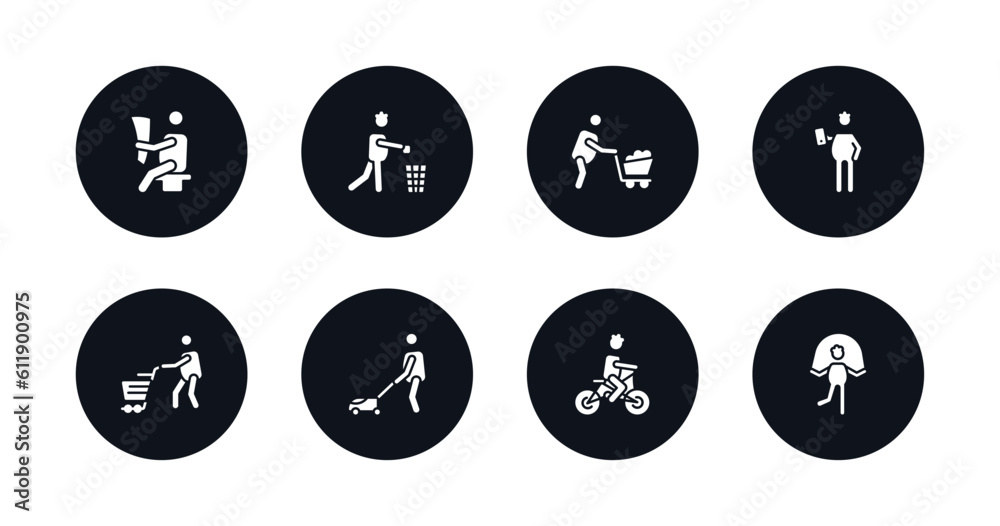 symbol for mobile filled icons set. filled icons such as man reading newspaper, throwing trash, man wirth carry, man with mobile phone, shopper cutting lawn, riding bicylce, rope jumping vector. symbol for mobile filled icons set. filled icons such as man reading newspaper, throwing trash, man wirth carry, man with mobile phone, shopper cutting lawn, riding bicylce, rope jumping vector.