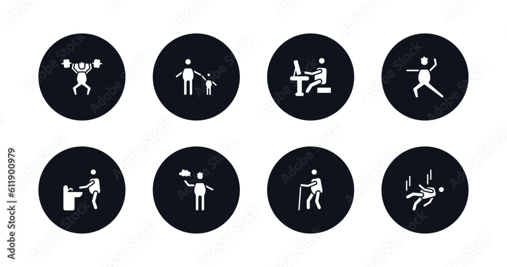symbol for mobile filled icons set. filled icons such as man lifting bar, child with man, man typing, warming up, washing hands, stick speech, old walking, falling vector.