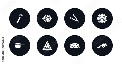symbol for mobile filled icons set. filled icons such as salad fork, paella with parwns, chopsticks, kitchen fish, lateral pan, watermellon slice, long sandwich, butcher knife vector.
