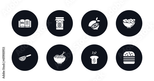 symbol for mobile filled icons set. filled icons such as open menu, mermelade jar, half lemon, appetizers bowl, strainer with handle, spaghetti bolognese, toasted bread, complete hamburger vector.