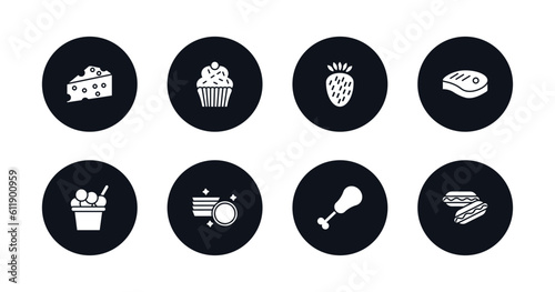 symbol for mobile filled icons set. filled icons such as piece of cheese, cupcake with cream, strawberry drawing, beef chop, ice cream cup, round plate, fried chicken thighs, hot dog with ketchup