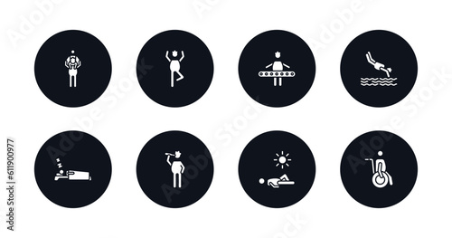 symbol for mobile filled icons set. filled icons such as piggyback a kid, yoga position, engineer working, headfirst to water, man sleeping, man drinking, man sunbathing, on wheelchair vector.