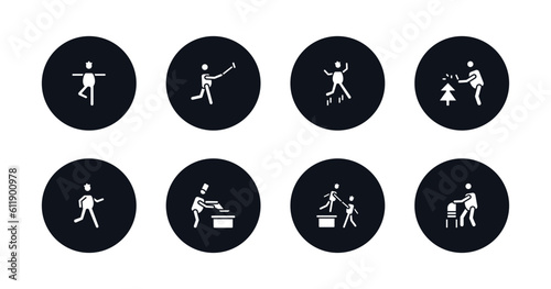 symbol for mobile filled icons set. filled icons such as stick man excersicing, man taking a selfie, stick man jumping, prune hedge, stick running, cooking, helping a to climb, old with cane vector.