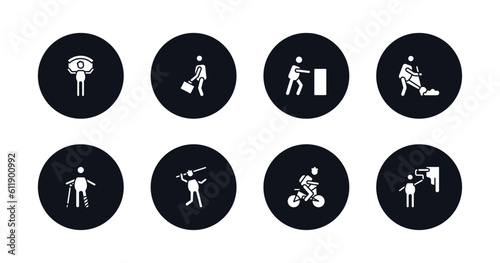 symbol for mobile filled icons set. filled icons such as man with banner, going to work, man pushing, man digging, with broken leg, throwing javelin, cycling, painting wall vector.