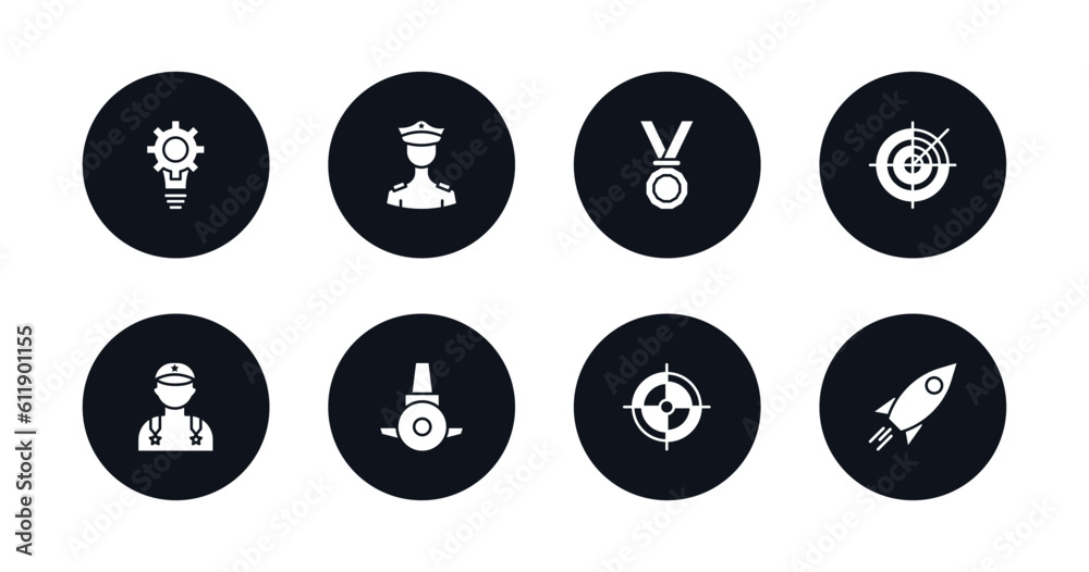 symbol for mobile filled icons set. filled icons such as strategy, officer, medal, militar radar, general, submarine front view, gun shooting, launcher vector.