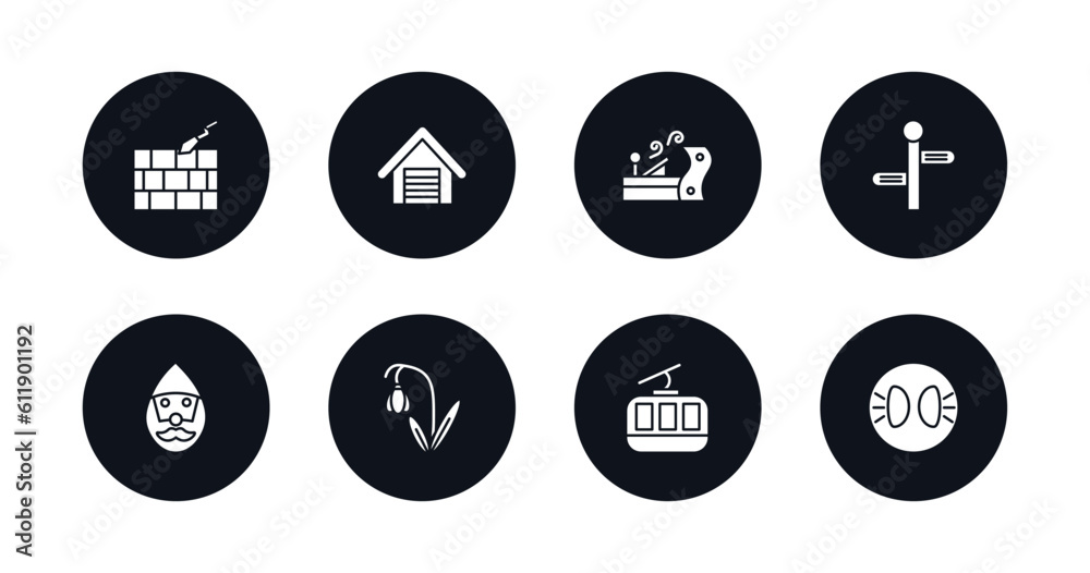 symbol for mobile filled icons set. filled icons such as foundation, garage door, wood plane, street, gnome, snowdrop, cabl, parking lights vector.