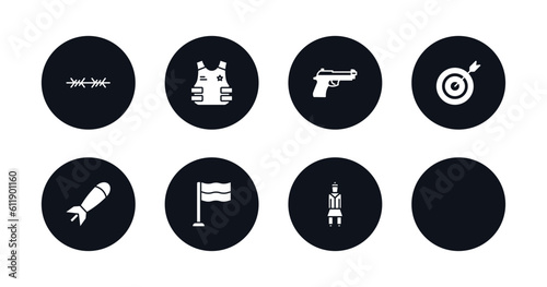 symbol for mobile filled icons set. filled icons such as barbed, anchor, bulletproof, pistol, target, airplane bomb, patriot, vector.