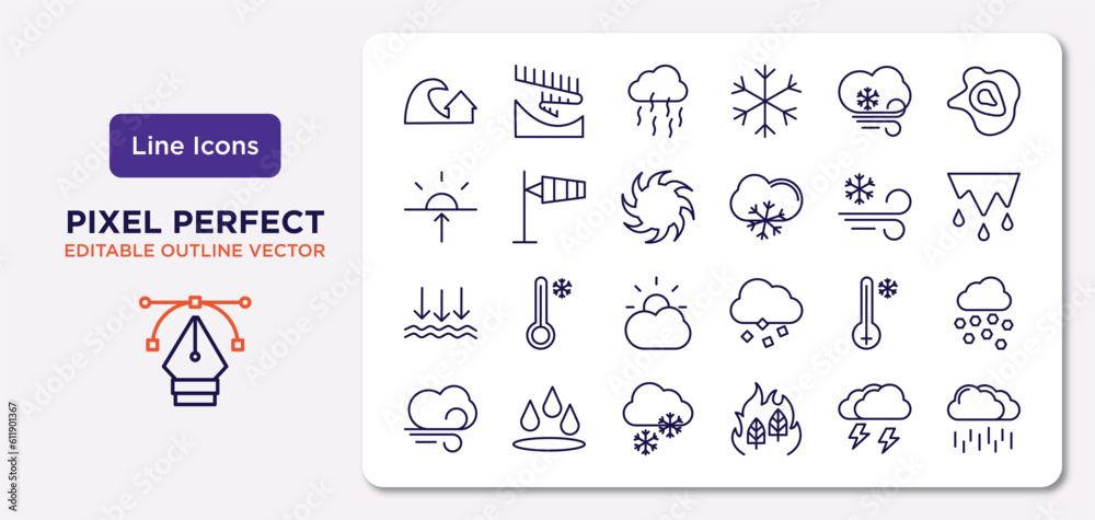 weather outline icons set. thin line icons such as tsunami, icy, tropical storm, atmospheric pressure, freezing, snowy, thunderstorm, steady rain vector.