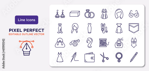 woman clothing outline icons set. thin line icons such as dangling earrings, shoulder length, strapless tube dress, female black handbag, perfume, wallet, necklace, eyes makeup pencils vector.