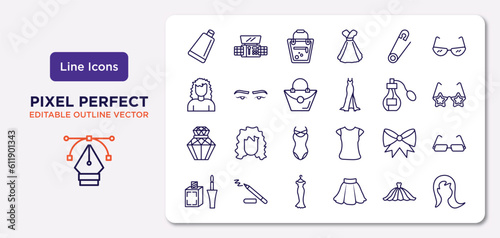 woman clothing outline icons set. thin line icons such as creme container black, safety pin, handbag of female, parfum, bow black, female long black dress, long dress, female long hair vector.