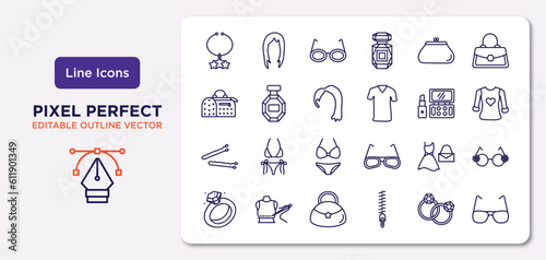 woman clothing outline icons set. thin line icons such as star pendant, female wallet, hair wig with side, hair clip tool, feminine fashion, hobo shoulder bag, round earrings, rectangular eyeglasses