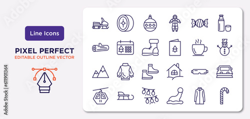 winter outline icons set. thin line icons such as snowmobile, candy, snow boot, snowy mountain, safety glasses, lights, fur coat, candy cane vector.
