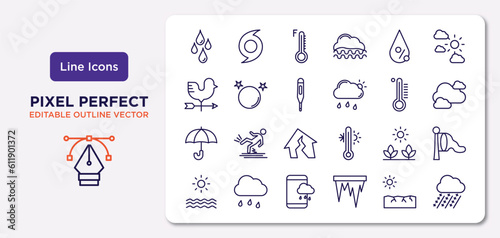 weather outline icons set. thin line icons such as drops, humidity, thermometer, umbrella, spring, forecast,  , hailstorm vector.