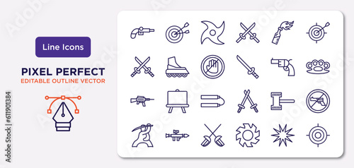 weapons outline icons set. thin line icons such as musket, molotov cocktail, no arms, hine gun, thor hammer, sabre, burst, shooting target vector.