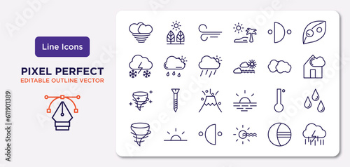 weather outline icons set. thin line icons such as typhoon, first quarter, downpour, tropical cyclone, degree, last quarter, eclipse,   vector.