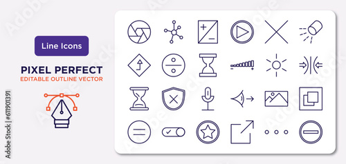 user interface outline icons set. thin line icons such as  , close, waiting, sand clock, pic, favorites button, more, subtraction vector.