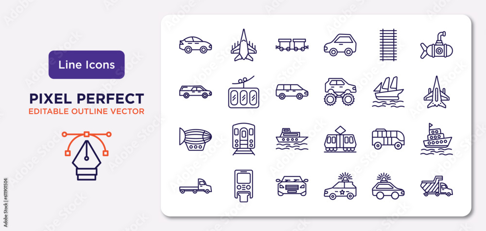 Fototapeta premium transportation outline icons set. thin line icons such as sedan, railway line, people carrier, dirigible, modern bus, car frontal view, patrol car, haul vector.