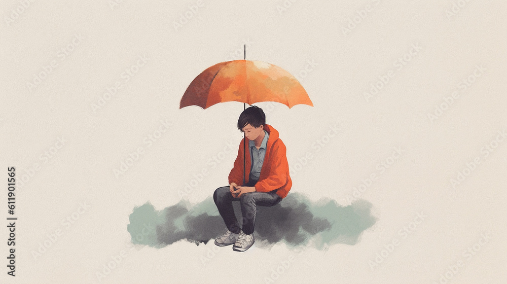 Watercolor Painting of a Sad Boy Sitting Under an Umbrella,Mental Health Concept, Generative AI Watercolor Painting of a Sad Boy Sitting Under an Umbrella,Mental Health Concept, Generative AI