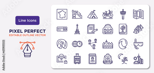 travel outline icons set. thin line icons such as france, control tower, claim, sleeping, basic moon, map book, moon and tree,   vector.