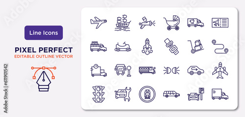 transport outline icons set. thin line icons such as planes, recycling truck, space rocket launch, shipping and delivery, recirculation, tram stop label, car parking, heavy vehicle vector.