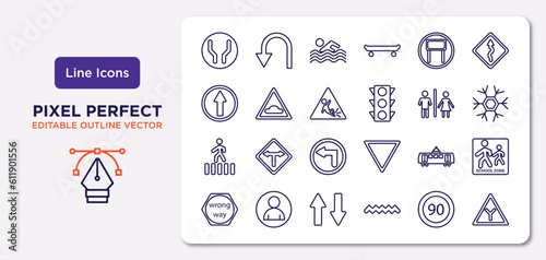 traffic signs outline icons set. thin line icons such as wide road, tall, slippery, zebra crossing, tram, way road, speed limit, y intersection vector.