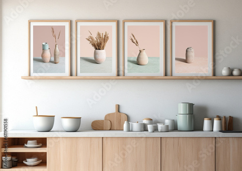 4 vertical frames mock up in modern simple kitchen scene, neutral tones, , generative ai © aleksandra