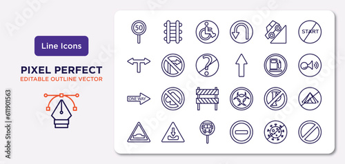 traffic signs outline icons set. thin line icons such as speed limit, hill, no doubt, one way, no parking, bus stop, no virus, forbidden vector.