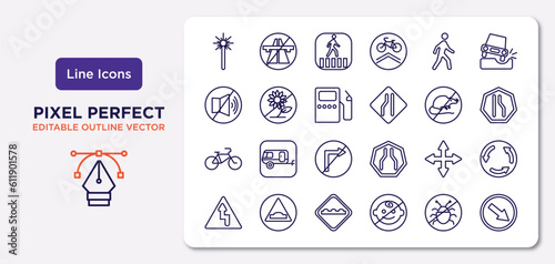 traffic signs outline icons set. thin line icons such as laser, pedestrian, gas station, bicycle, crossroads, bump, no insects, keep right vector.
