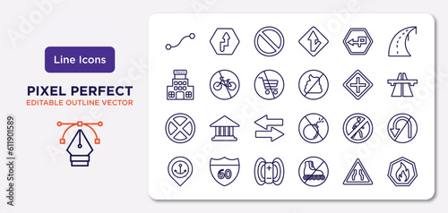 traffic signs outline icons set. thin line icons such as curves, degree curve road, no shopping cart, no stopping, no entry, magnetic field, narrow road, fire vector.