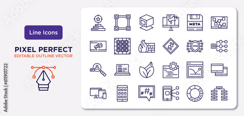 technology outline icons set. thin line icons such as reach, meta elements, firewalls, user research, bounce rate, microblogging, colory theory, type hierarchy vector.