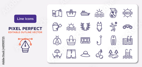 summer outline icons set. thin line icons such as travel guide, sangria, wreath, firefly, bodyboard, pamela hat, lake, swimming pool ladder vector.