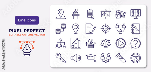 strategy outline icons set. thin line icons such as positioning, money, agreement, collaboration, start, graduation, sample, steering wheel vector.