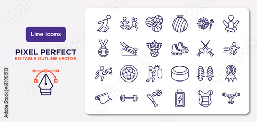 sports outline icons set. thin line icons such as ice skating, dartboard with dart, soccer football ball, waiter falling, shin guards, home run, chest guard, weight lifting vector.