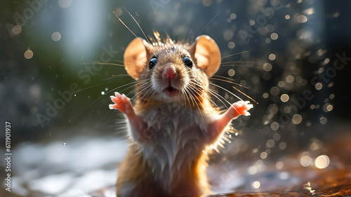 a cheerful little mouse is bathing in a puddle of splashing water. Generative AI © kichigin19