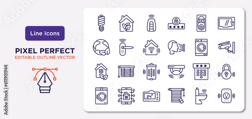 smart home outline icons set. thin line icons such as illumination, doorbell, home automation, eco home, dial, thermostat, smart toilet, smart plug vector.
