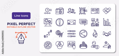 social media marketing outline icons set. thin line icons such as timeline, postcard with stamp, letter with stamp, path, trending, ads, user warning, recreational vector.