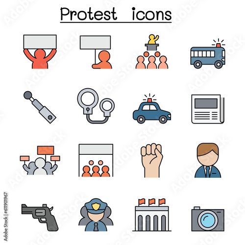 Protest color line icon set