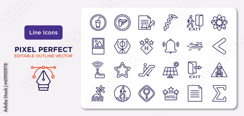 signs outline icons set. thin line icons such as drink, emergency exit, round hotel, wireless receptor, exit right arrow, male gender, text documents, the sum of vector.