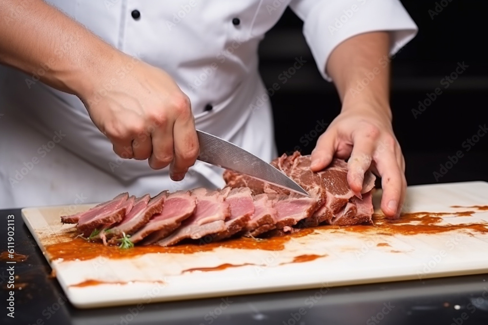 view on tasty hot fried meat which man chef masterfully cuts to slices on white cutting board,