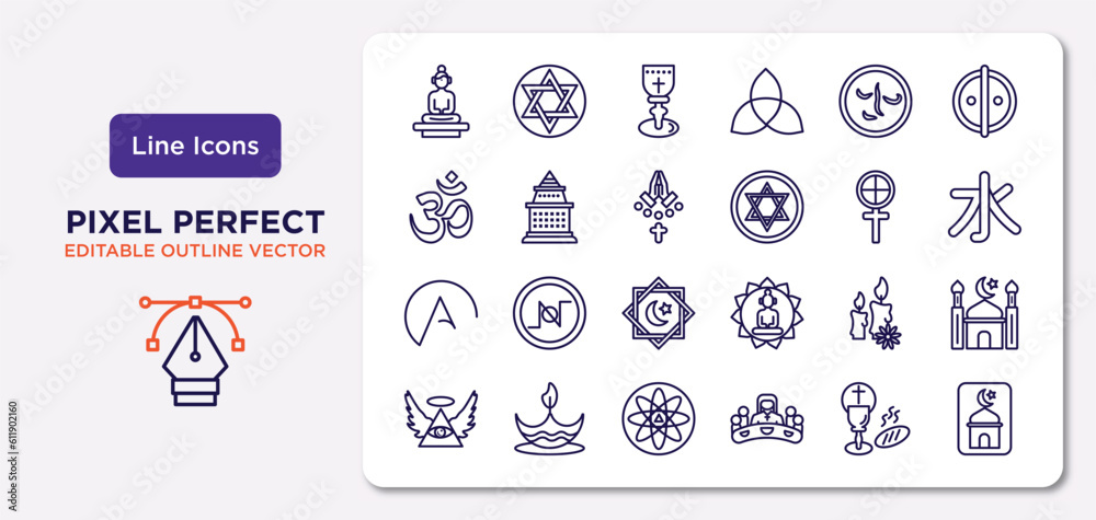 religion outline icons set. thin line icons such as great buddha, induence, faith, atheism, candles, agticism, communion,   vector.