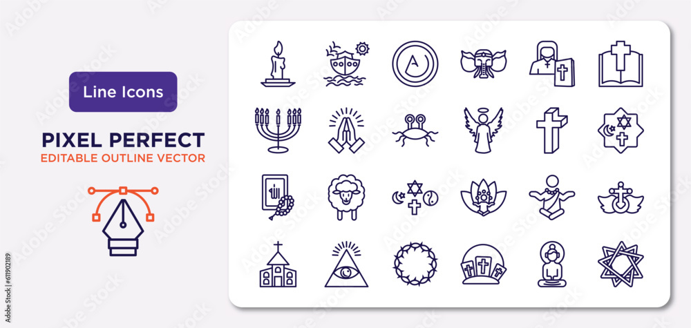 religion outline icons set. thin line icons such as candle, orthodox, pastafarianism, quran, monk, crown of thorns, buddha, bahai vector.
