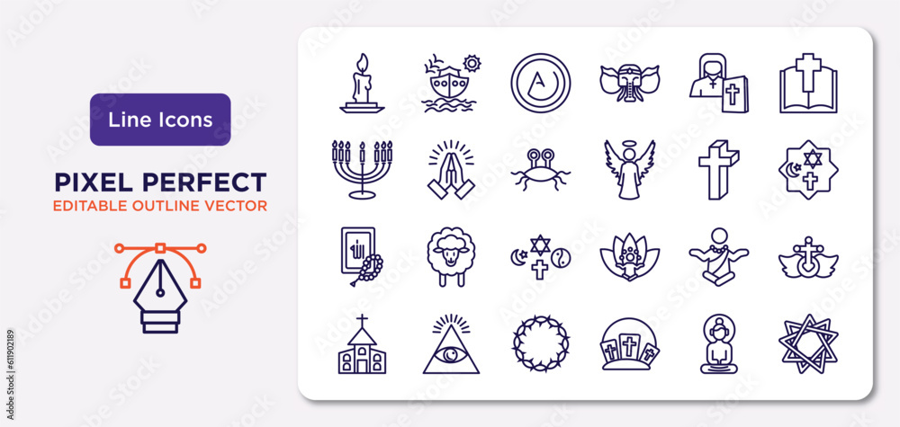 religion outline icons set. thin line icons such as candle, orthodox, pastafarianism, quran, monk, crown of thorns, buddha, bahai vector. religion outline icons set. thin line icons such as candle, orthodox, pastafarianism, quran, monk, crown of thorns, buddha, bahai vector.