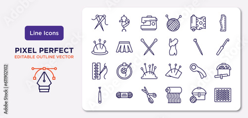 sew outline icons set. thin line icons such as sewing needles, fabric, knitting neddles, seam, rotary, pinking shears, sewing basket, knit vector.