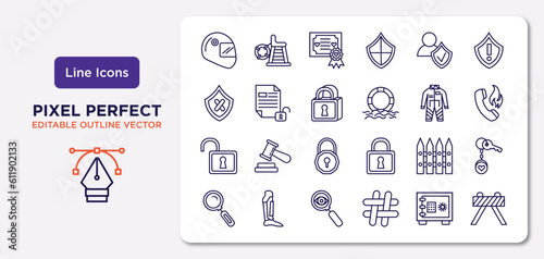 security outline icons set. thin line icons such as racing helmet, user protection, big lock, unlocked padlock, picket, insight, safe box, barricade vector.