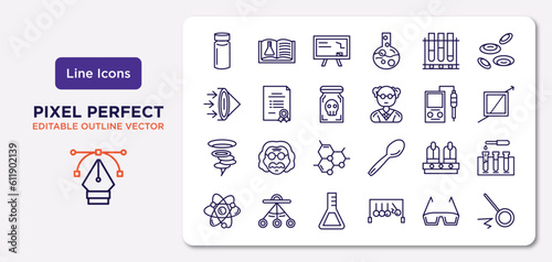 science outline icons set. thin line icons such as vial, tubes, poison, vortex, nixie, flasks, eye protector, pendulum vector.