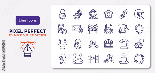 security outline icons set. thin line icons such as underage, seat belt, obstacle, candles light, flasher, turnstiles, safety seat, lifesaving vector.