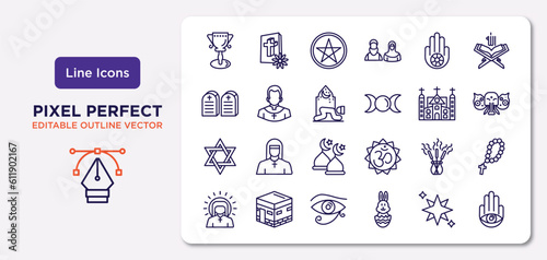 religion outline icons set. thin line icons such as goblet, jainism, prayer, hebrew, incense, eye of ra, holy star, hamsa vector.