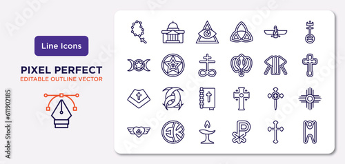 religion outline icons set. thin line icons such as bead, faravahar, satanic church, mantle, aaronic order church, unitarian universalism, catholicism, humanism vector.