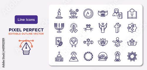 religion outline icons set. thin line icons such as candle, orthodox, pastafarianism, quran, monk, crown of thorns, buddha, bahai vector. © IconArt